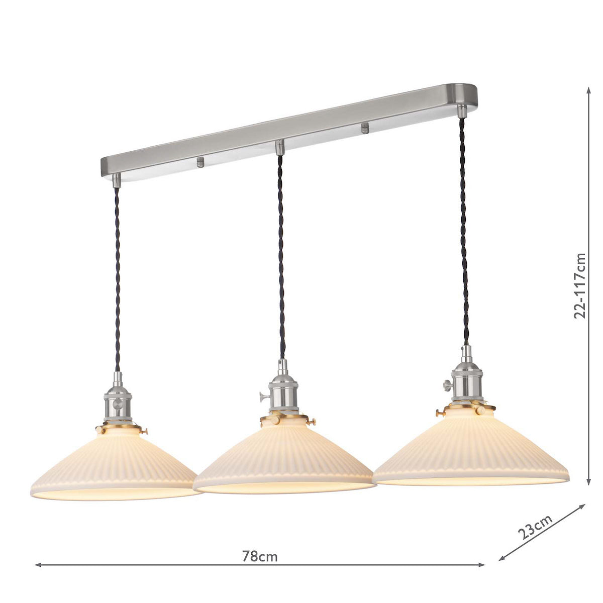 Three white fluted glass pendant lights with brushed steel fittings hang from a rectangular bar. Dimensions included.