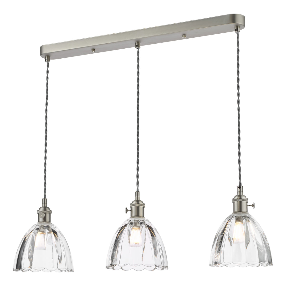Three clear glass pendant lights with scalloped edges hang from a brushed nickel bar.