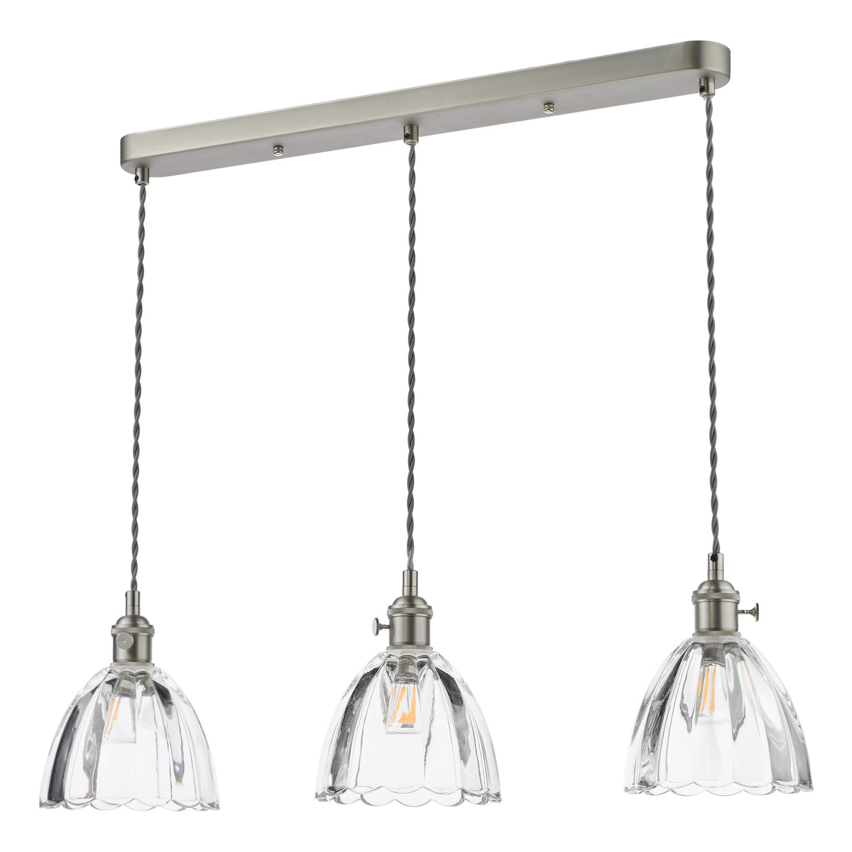 Three clear glass pendant lights with scalloped edges hang from a brushed nickel bar.