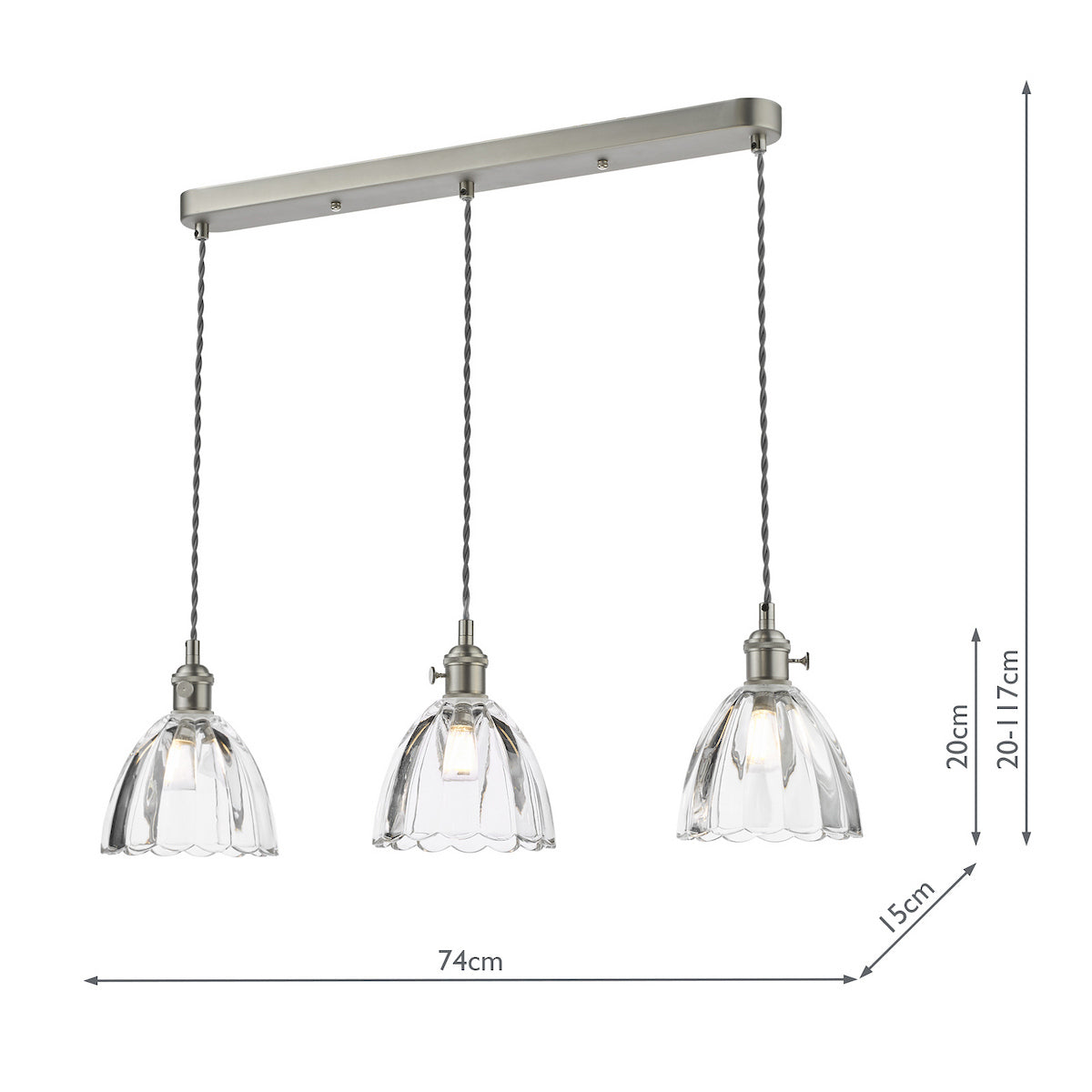 Three clear glass pendant lights with brushed steel fittings on a horizontal bar, with dimensions.