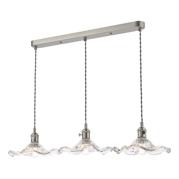 Three light pendant with clear wavy glass shades and brushed nickel finish on a white background.