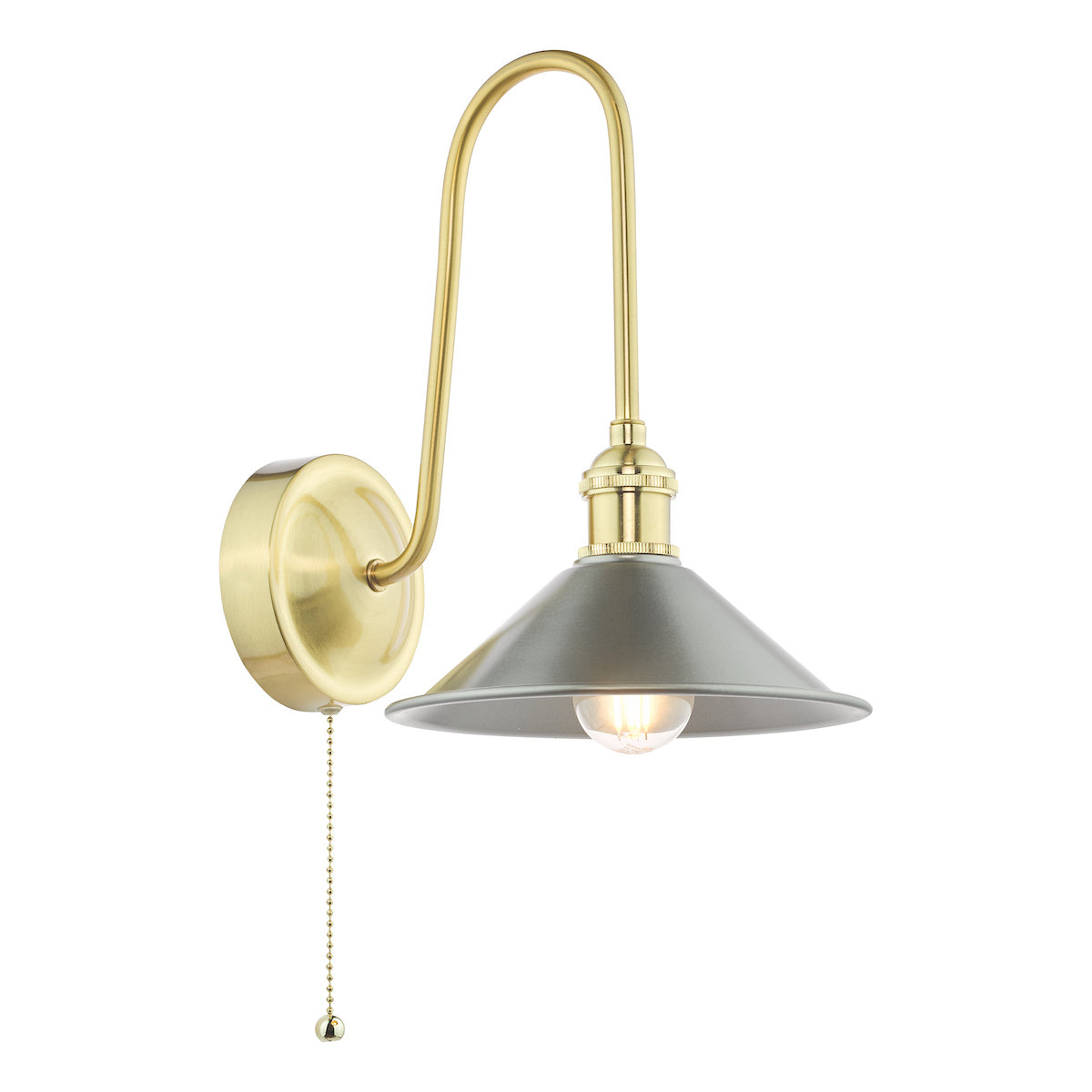 Brass wall light with a curved arm, a grey conical shade, and a pull chain switch.