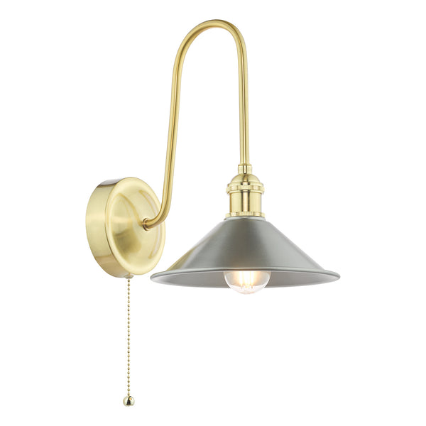 Brass wall light with a curved arm, a grey conical shade, and a pull chain switch.
