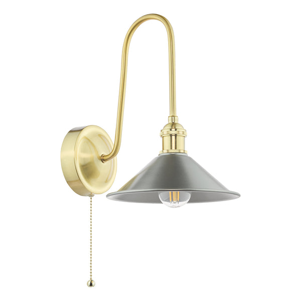 Brass wall light with a curved arm, a grey conical shade, and a pull chain switch.