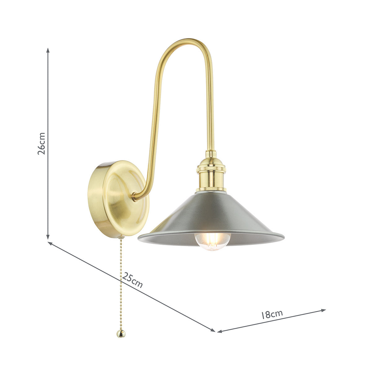 Brass wall light with a curved arm, grey cone shade, and pull chain, showing dimensions.