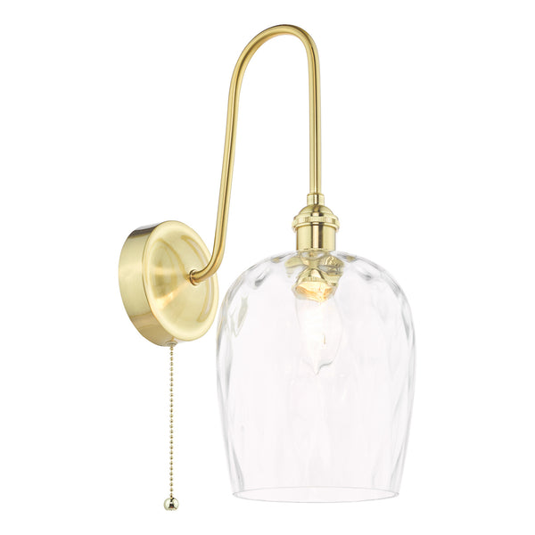 Brass wall light with a curved arm, a clear textured glass shade, and a pull chain switch. 