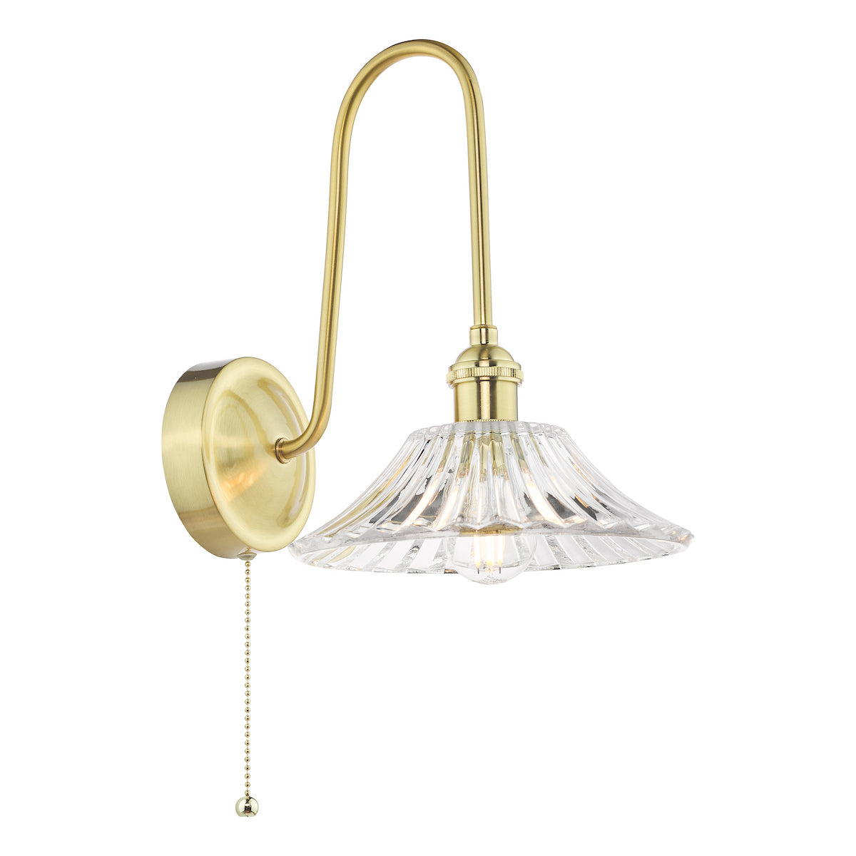 Brass wall light with a curved arm and a fluted clear glass shade, featuring a pull chain switch.