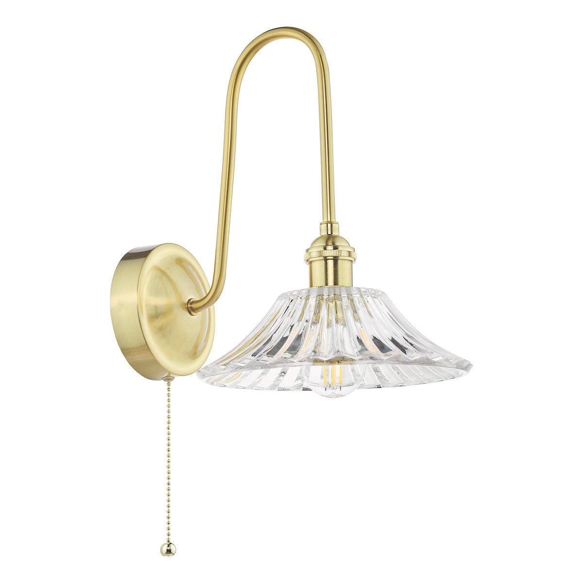 Brass wall light with a curved arm and a fluted clear glass shade, featuring a pull chain switch.