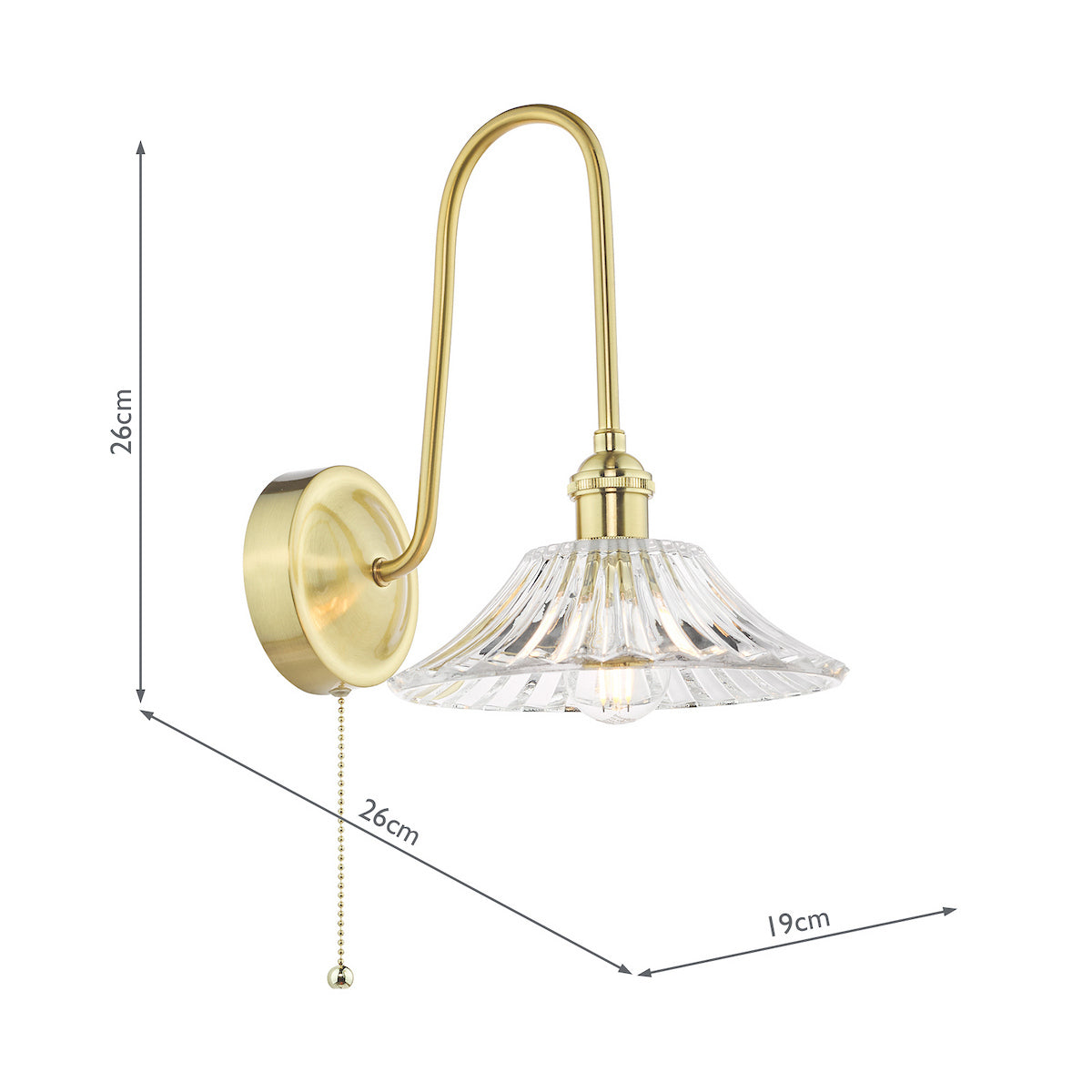 Brass wall light with a curved arm and a fluted glass shade, showing dimensions of 26cm height and 19cm width.