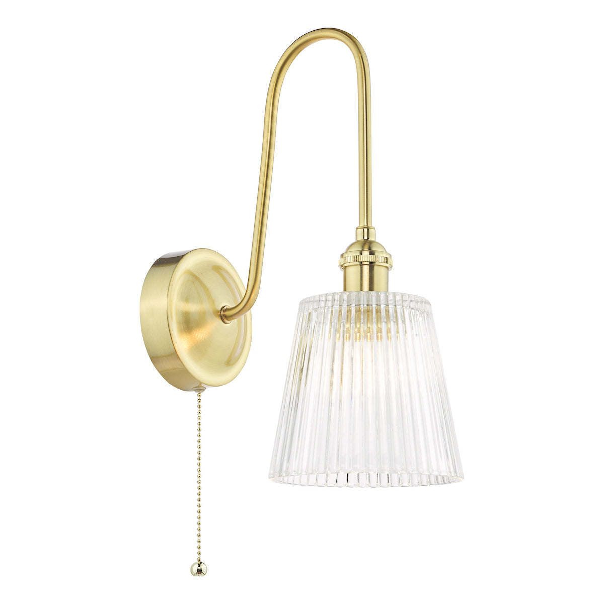 Brass wall light with a curved arm and a clear, fluted glass shade, featuring a pull chain switch.