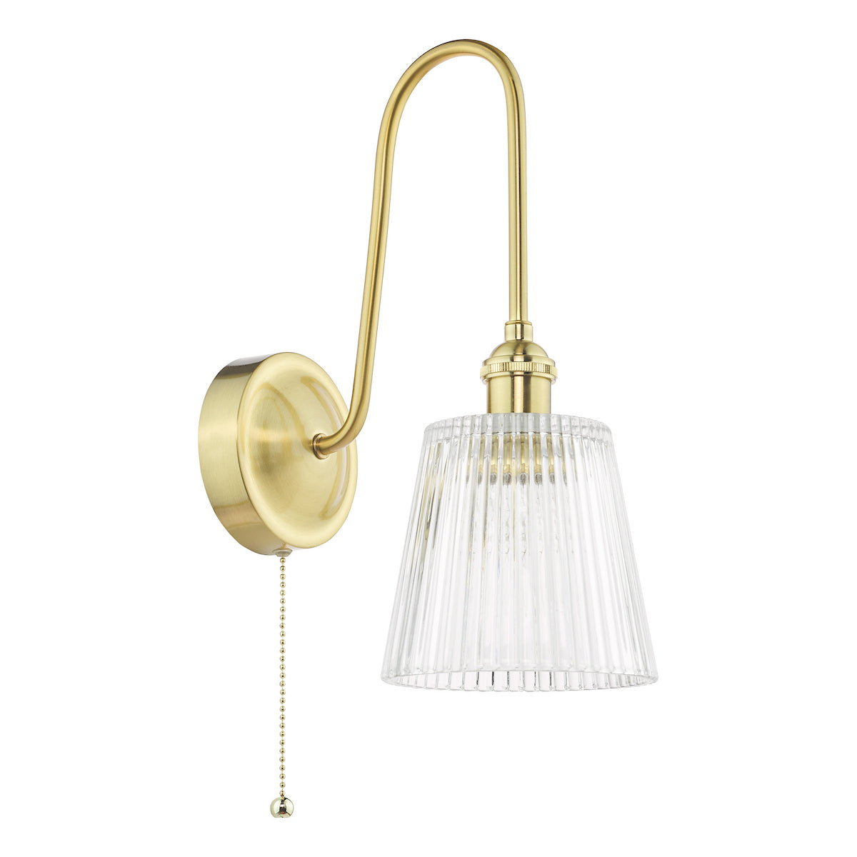 Brass wall light with a curved arm, a ribbed glass shade, and a pull chain switch.