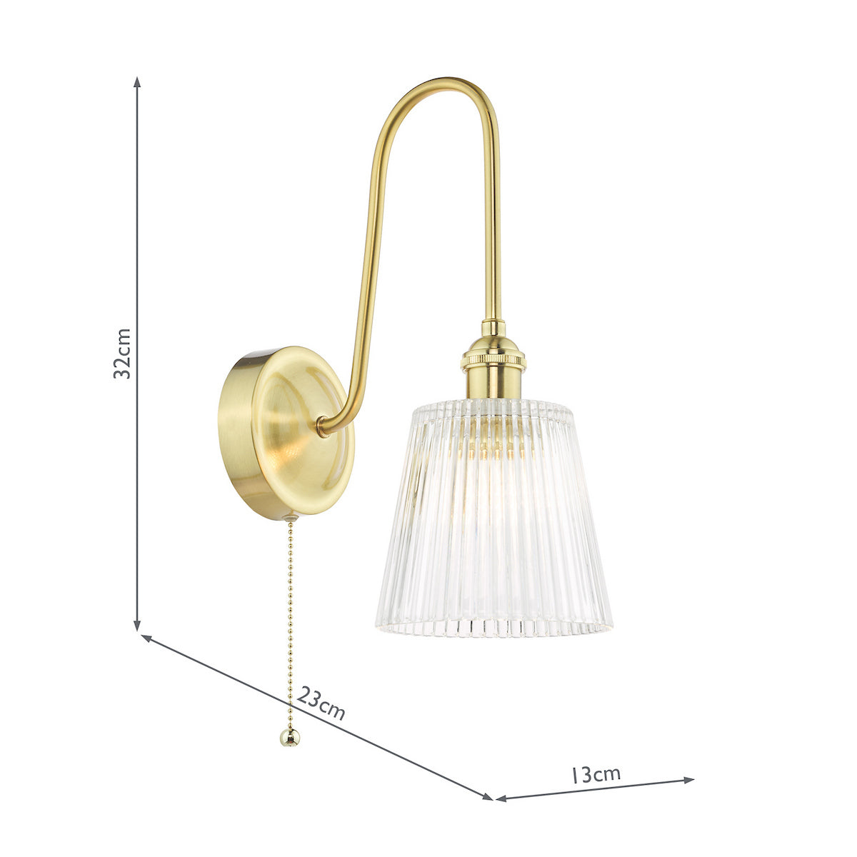 Brass wall light with a curved arm, ribbed glass shade, and pull cord switch, with dimensions.