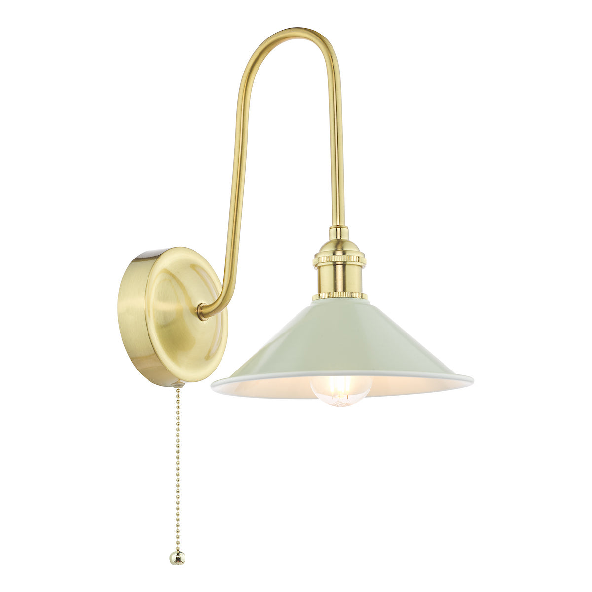 Brass wall light with a curved arm, a pale green conical shade, and a pull chain switch.