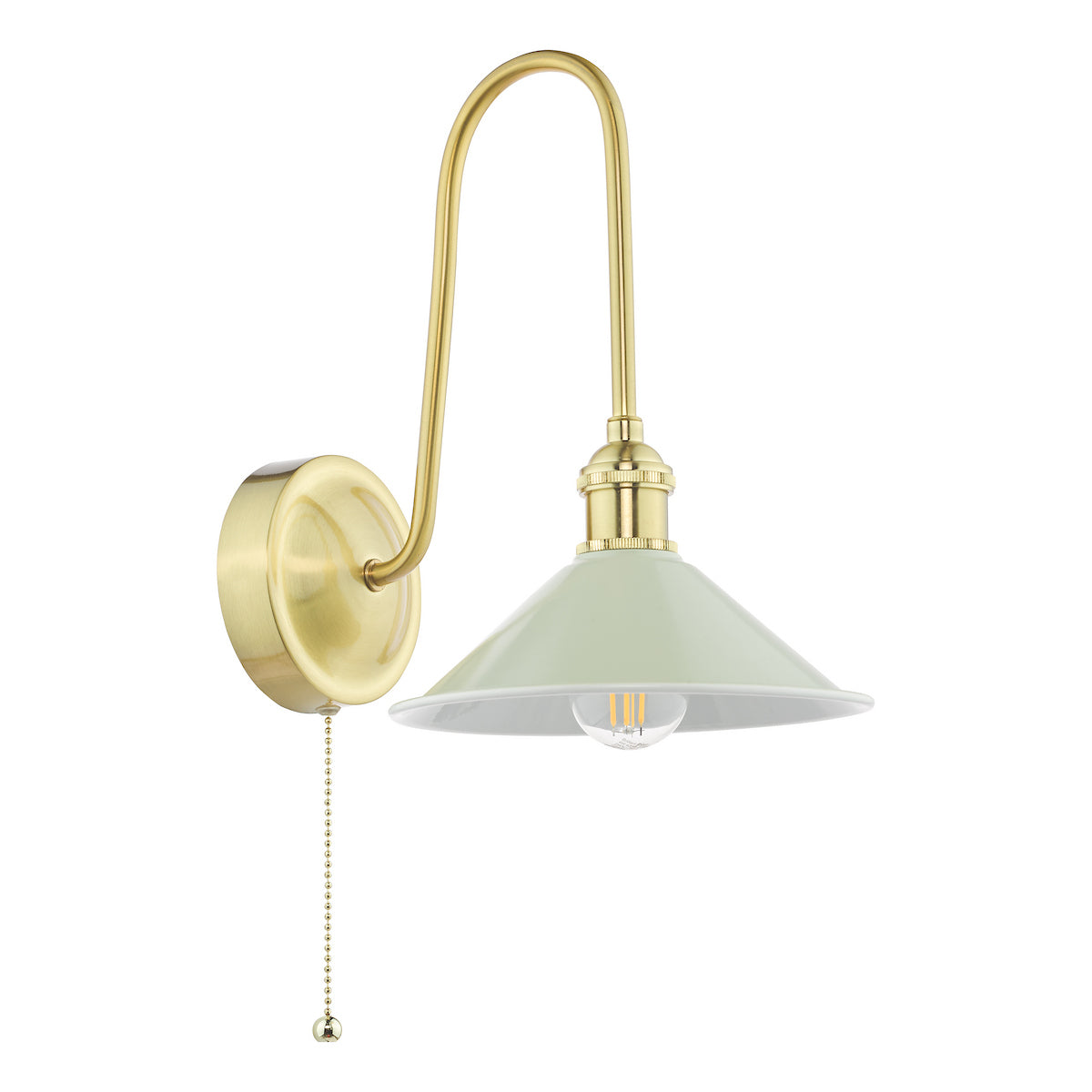Brass wall light with a curved arm and a pale green conical shade, featuring a pull chain.