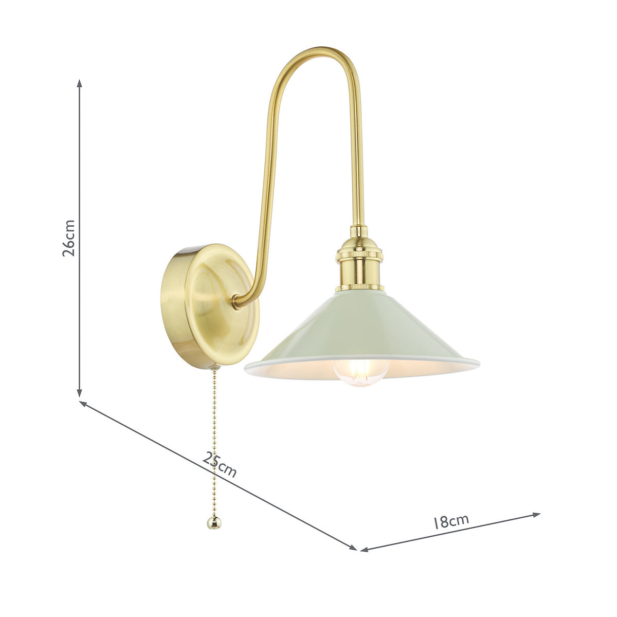 Brass wall light with a curved arm, a pale green conical shade, and a pull chain switch. Dimensions shown.
