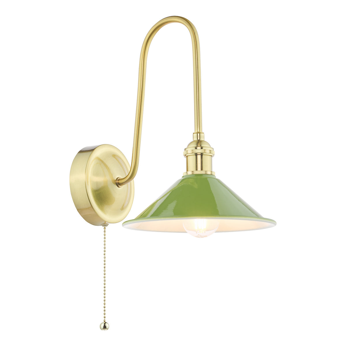 Green and brass wall light with a curved arm and a pull chain switch.