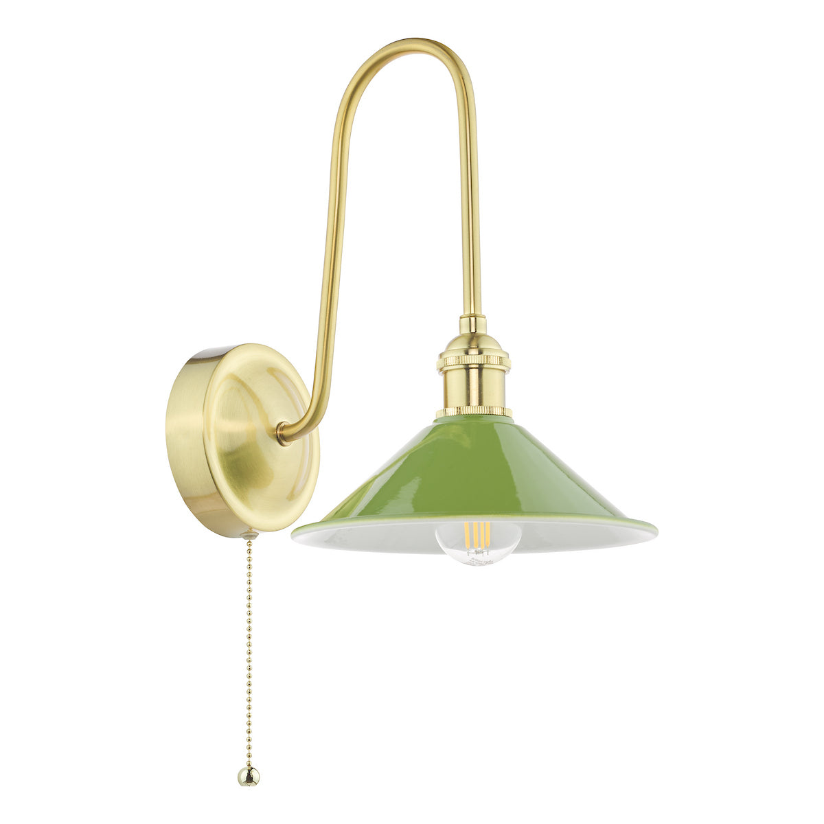 Brass wall light with a curved arm, a green conical shade, and a pull chain switch.