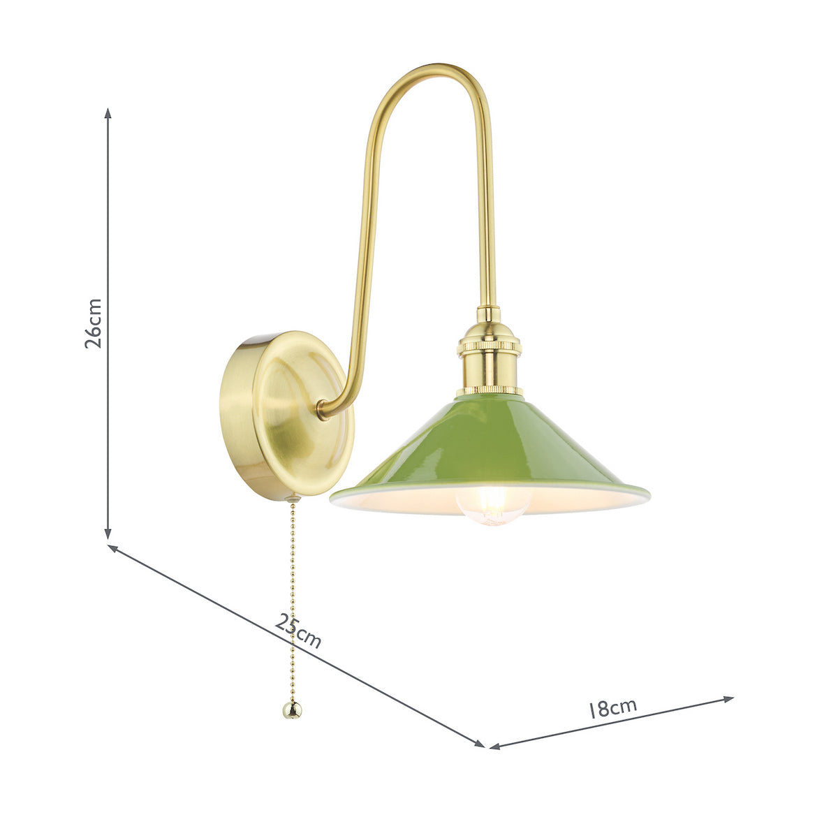 Green and brass wall light with a curved arm and a pull chain switch, showing dimensions.