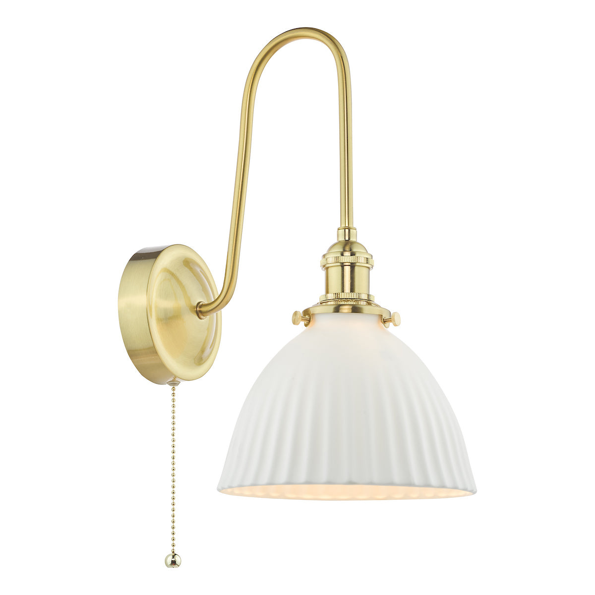 Brass wall light with a curved arm and a ribbed white glass shade, featuring a pull chain switch.