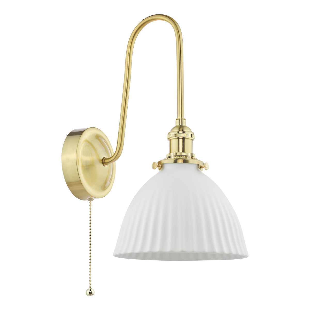 Brass wall light with a curved arm, a white fluted glass shade, and a pull chain switch.