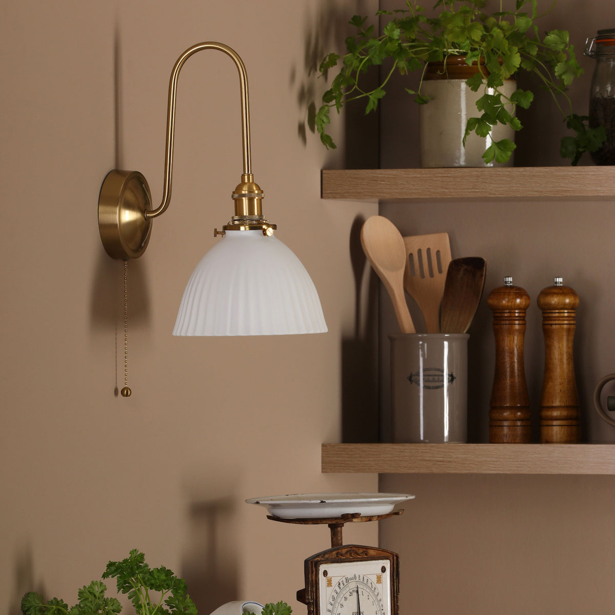 Brass wall light with a fluted glass shade, illuminating a kitchen shelf with utensils and plants.