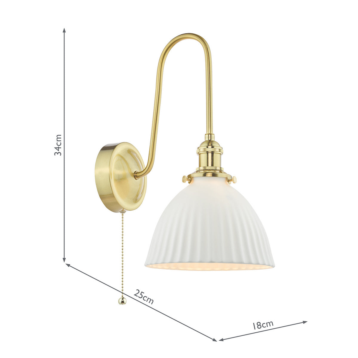 Brass wall light with a curved arm and a ribbed white ceramic shade. Dimensions are 34cm H, 25cm D, 18cm W.