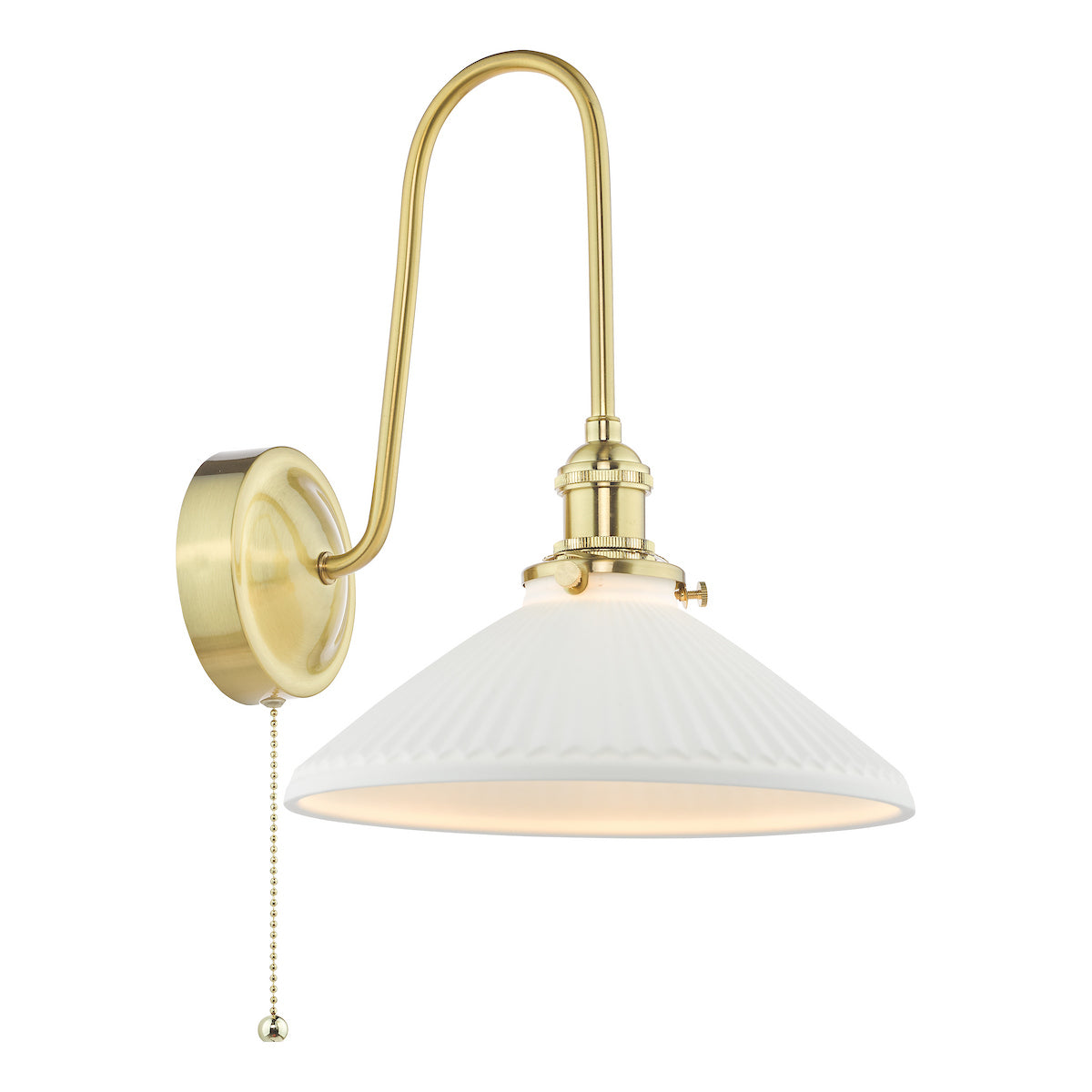 Brass wall light with a curved arm and a white fluted shade, featuring a pull chain switch.