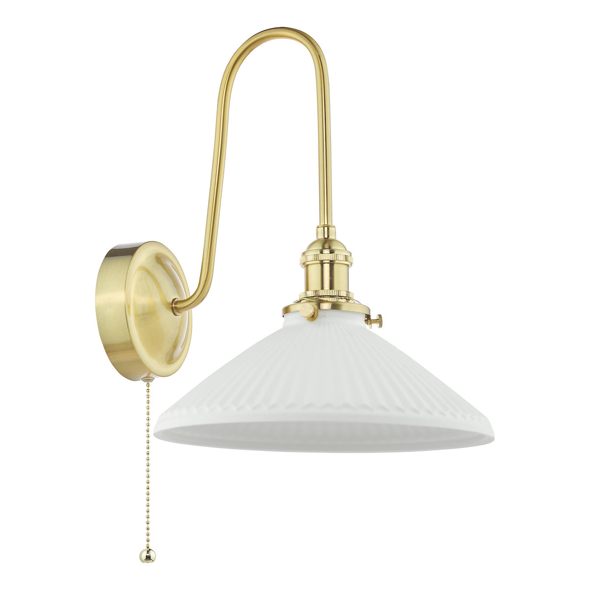 Brass wall light with a curved arm, a white fluted shade, and a pull chain switch.