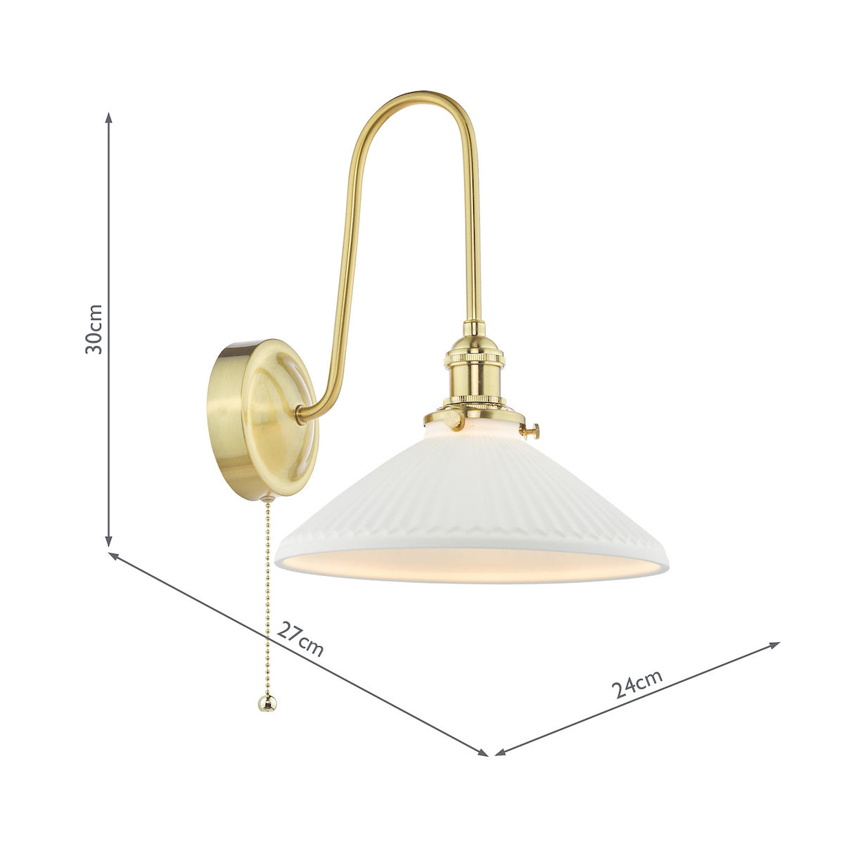 Brass wall light with a curved arm, a white fluted shade, and a pull chain switch. Dimensions are 30cm H x 27cm D x 24cm W.