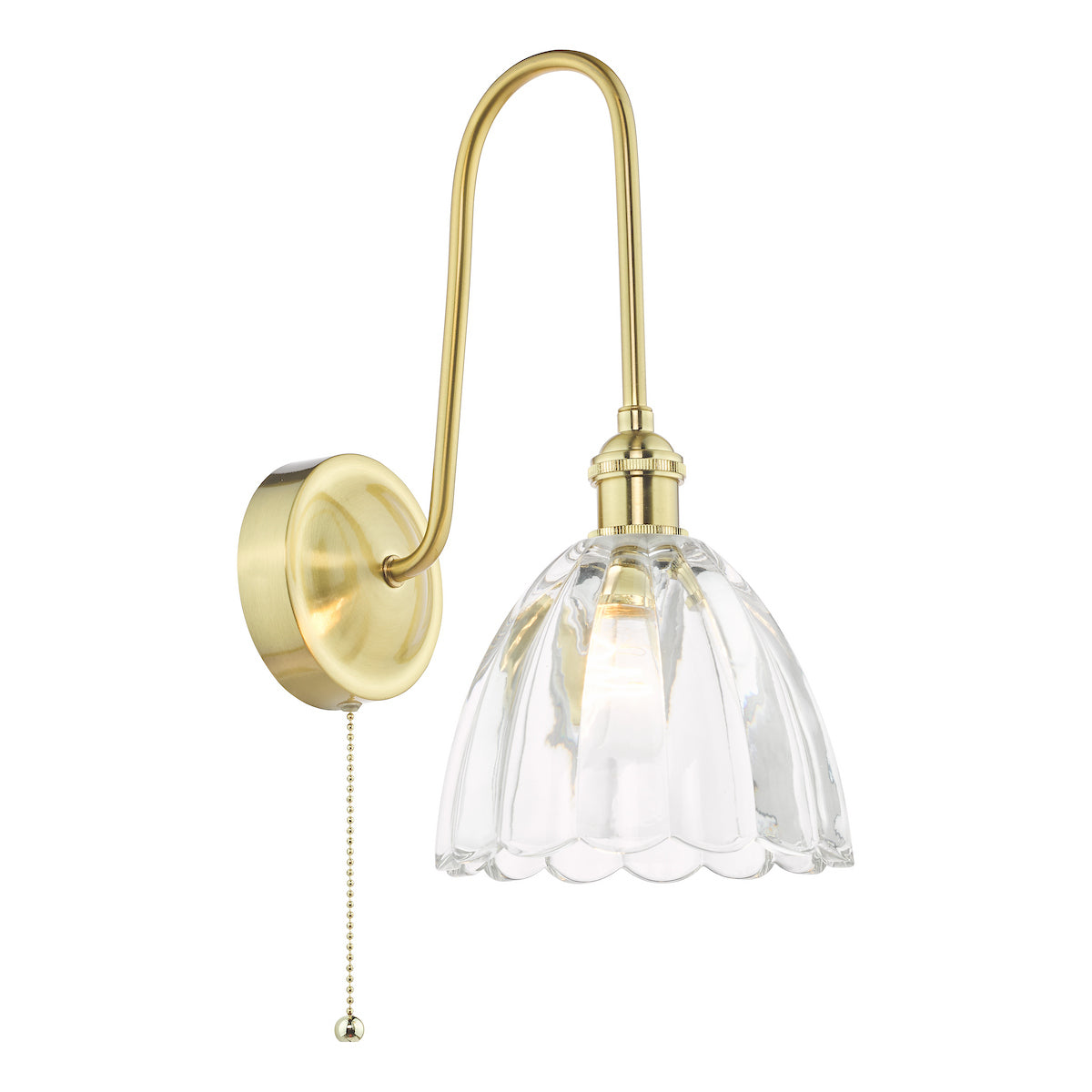Brass wall light with a curved arm and a clear, fluted glass shade. It has a pull chain switch.