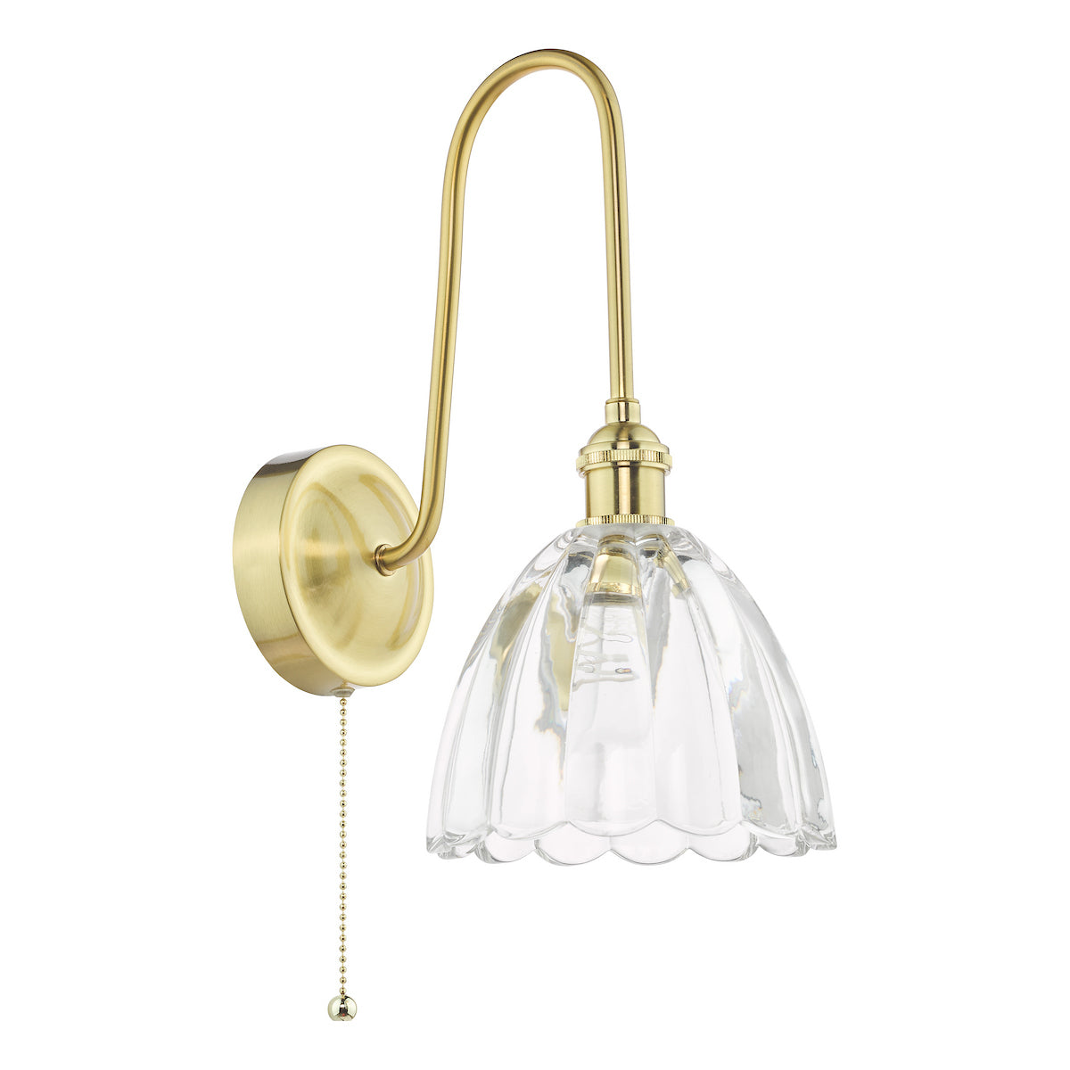 Brass wall light with a curved arm and a clear, fluted glass shade. It has a pull chain switch.