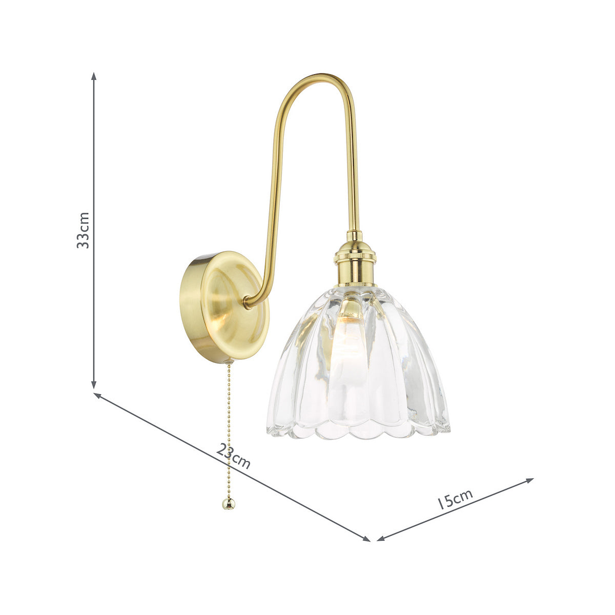 Brass wall light with a curved arm and a fluted glass shade, showing dimensions of 33cm height, 23cm width, and 15cm depth.