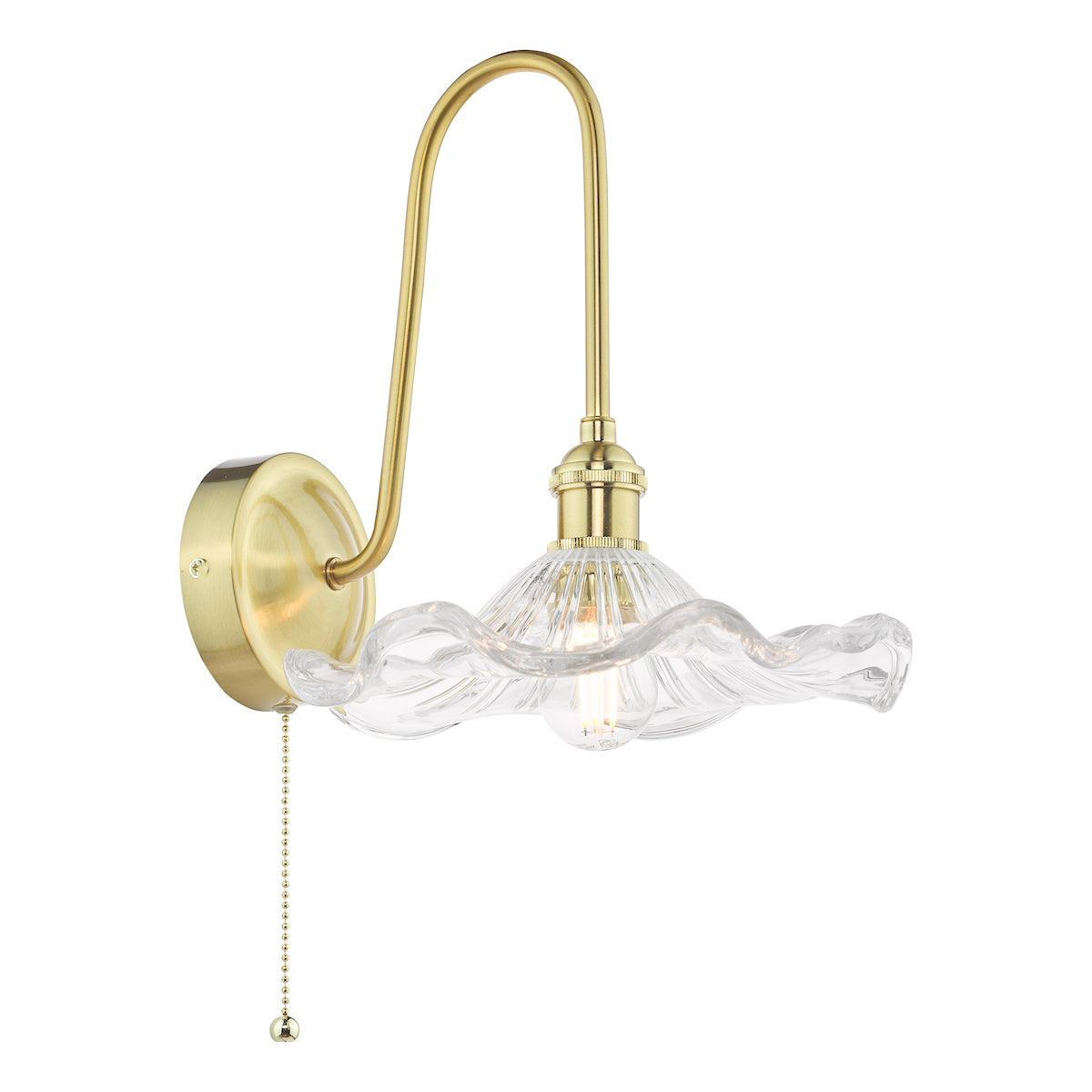 Brass wall light with a curved arm and a clear, ruffled glass shade. It has a pull chain switch.