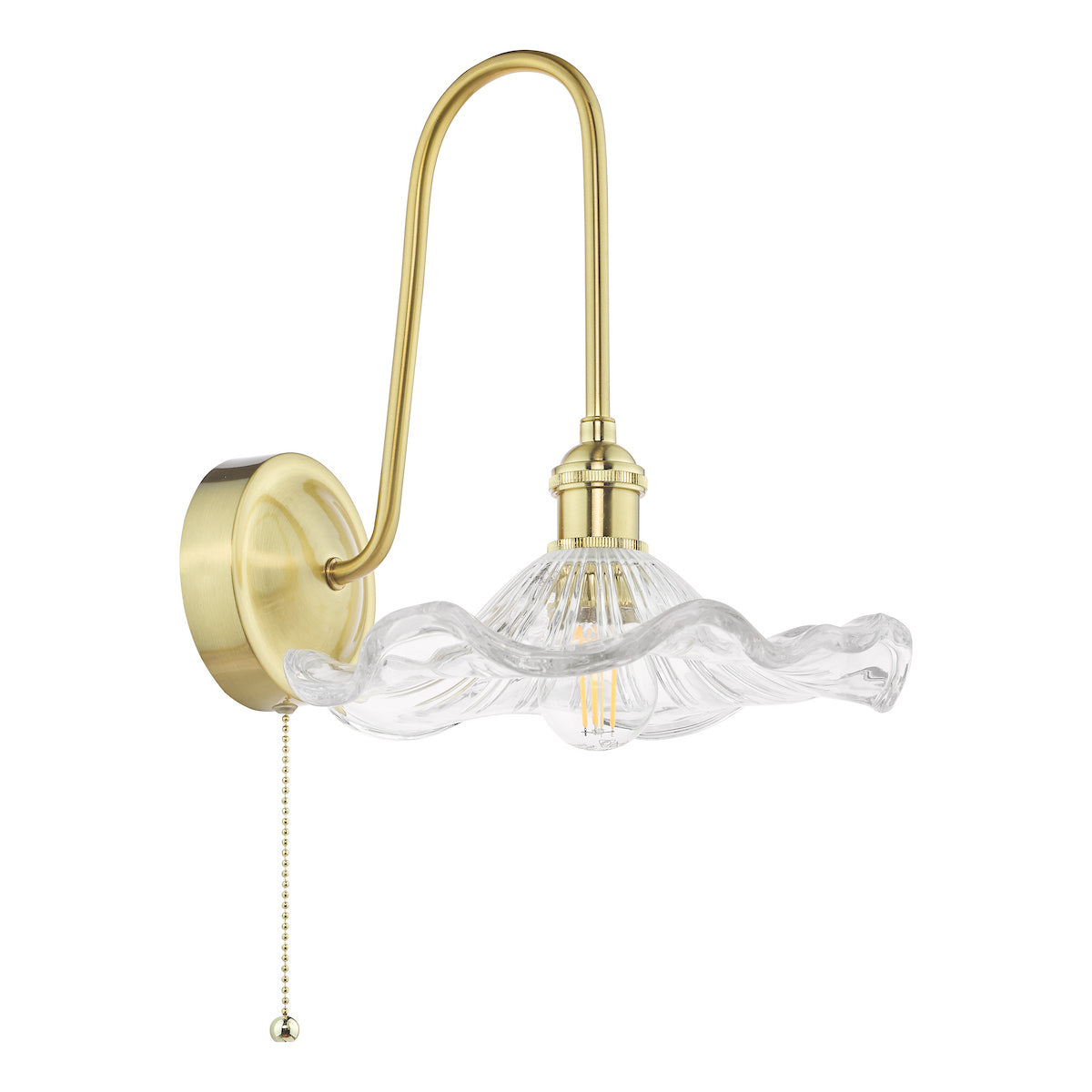 Brass wall sconce with a wavy clear glass shade and a pull chain switch.