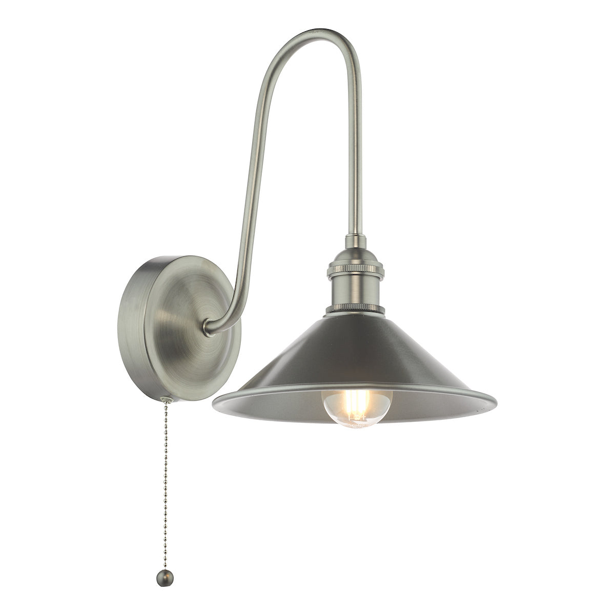 Brushed nickel wall light with a curved arm, a conical shade, and a pull chain switch. It has an exposed bulb.