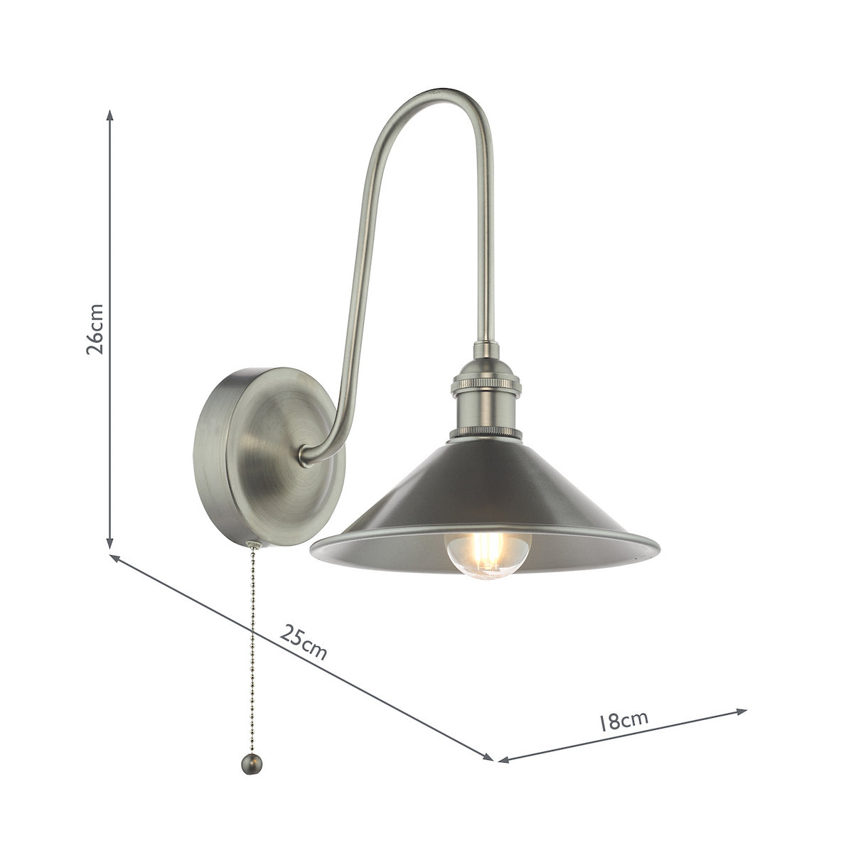 Brushed chrome wall light with a curved arm, conical shade, and pull chain switch, showing dimensions.