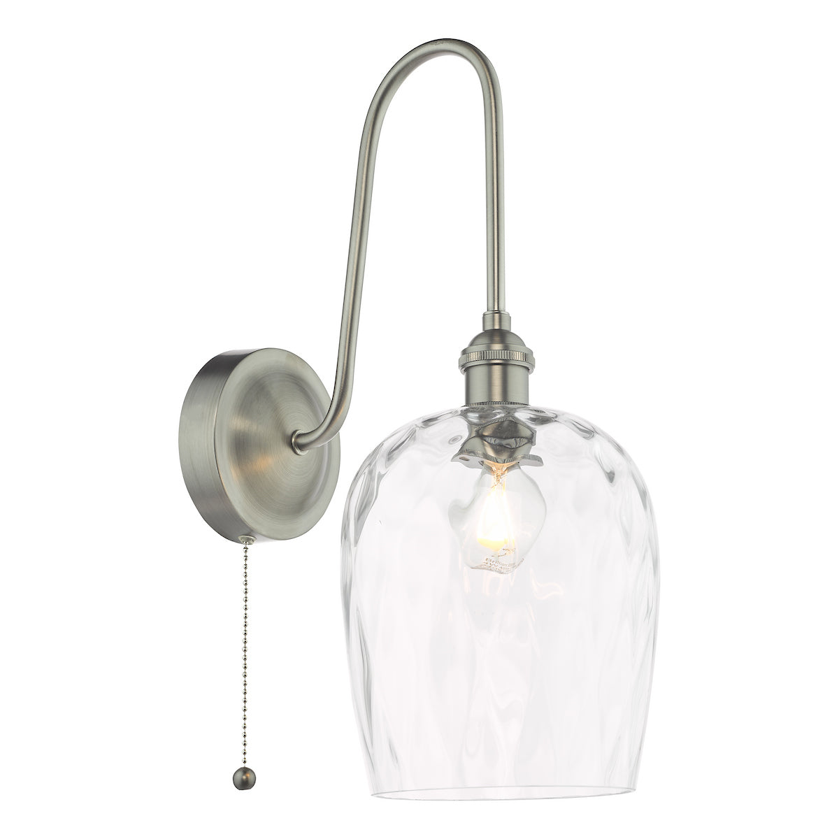 Brushed nickel wall sconce with a curved arm, a clear textured glass shade, and a pull chain switch.
