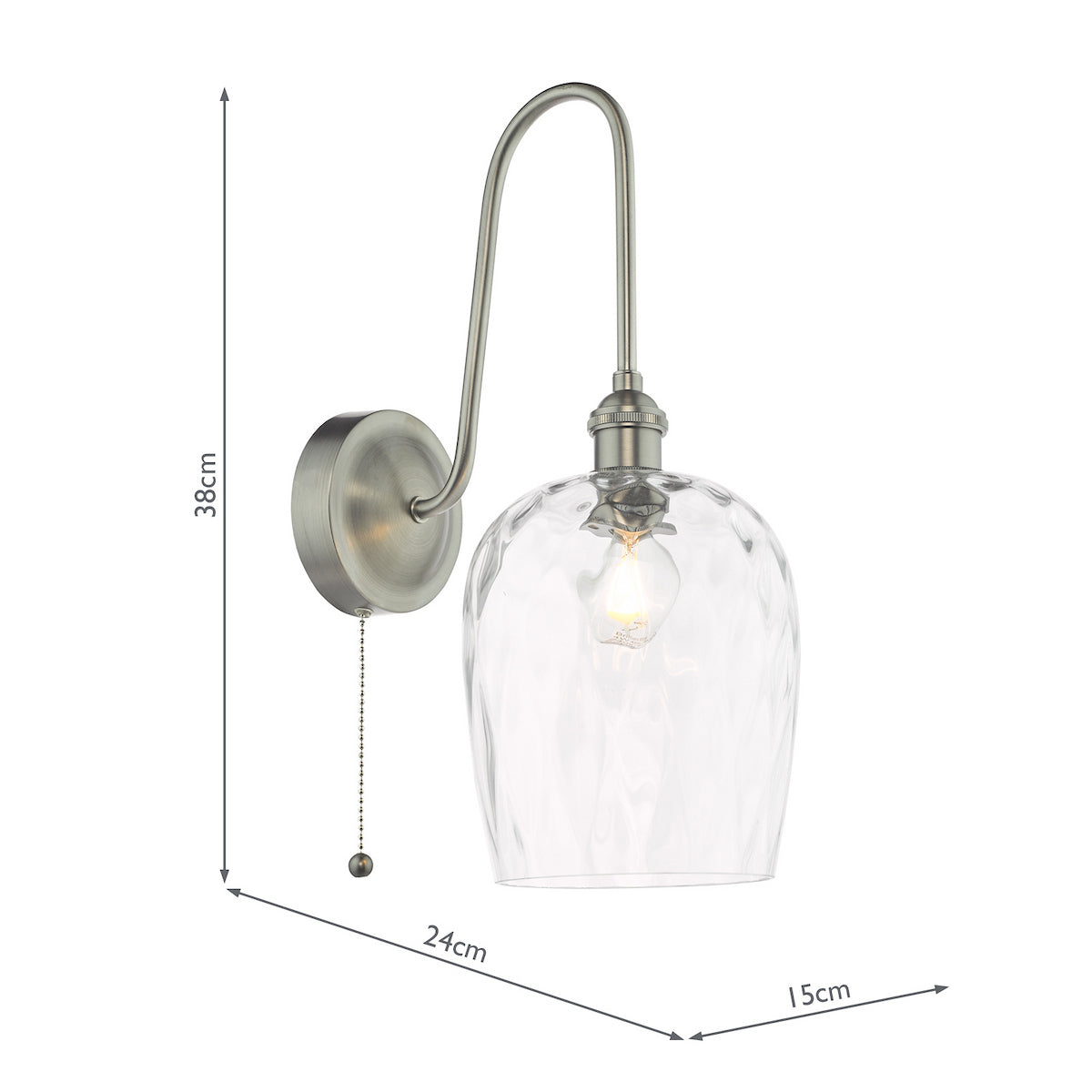 Brushed chrome wall light with a curved arm, clear textured glass shade, and a pull chain switch. Dimensions included.