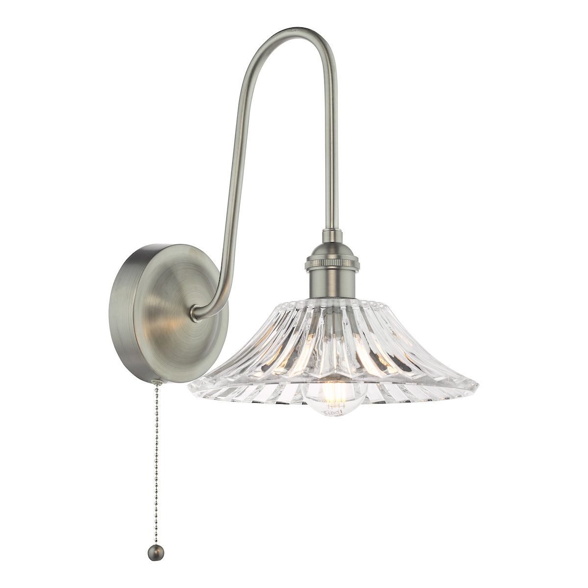 Brushed nickel wall light with a curved arm and a clear, ribbed glass shade. It has a pull chain switch.