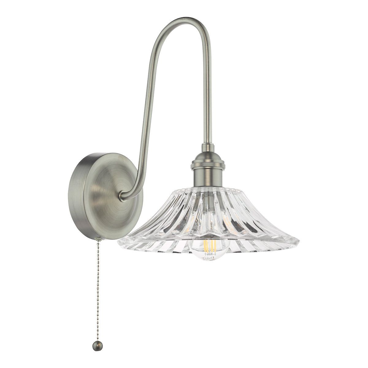 Brushed nickel wall light with a curved arm, clear fluted glass shade, and a pull chain switch.
