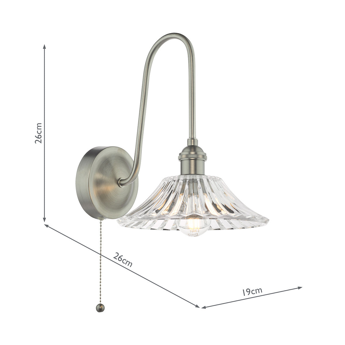 Brushed chrome wall light with a curved arm and a clear, fluted glass shade. It has a pull cord switch.