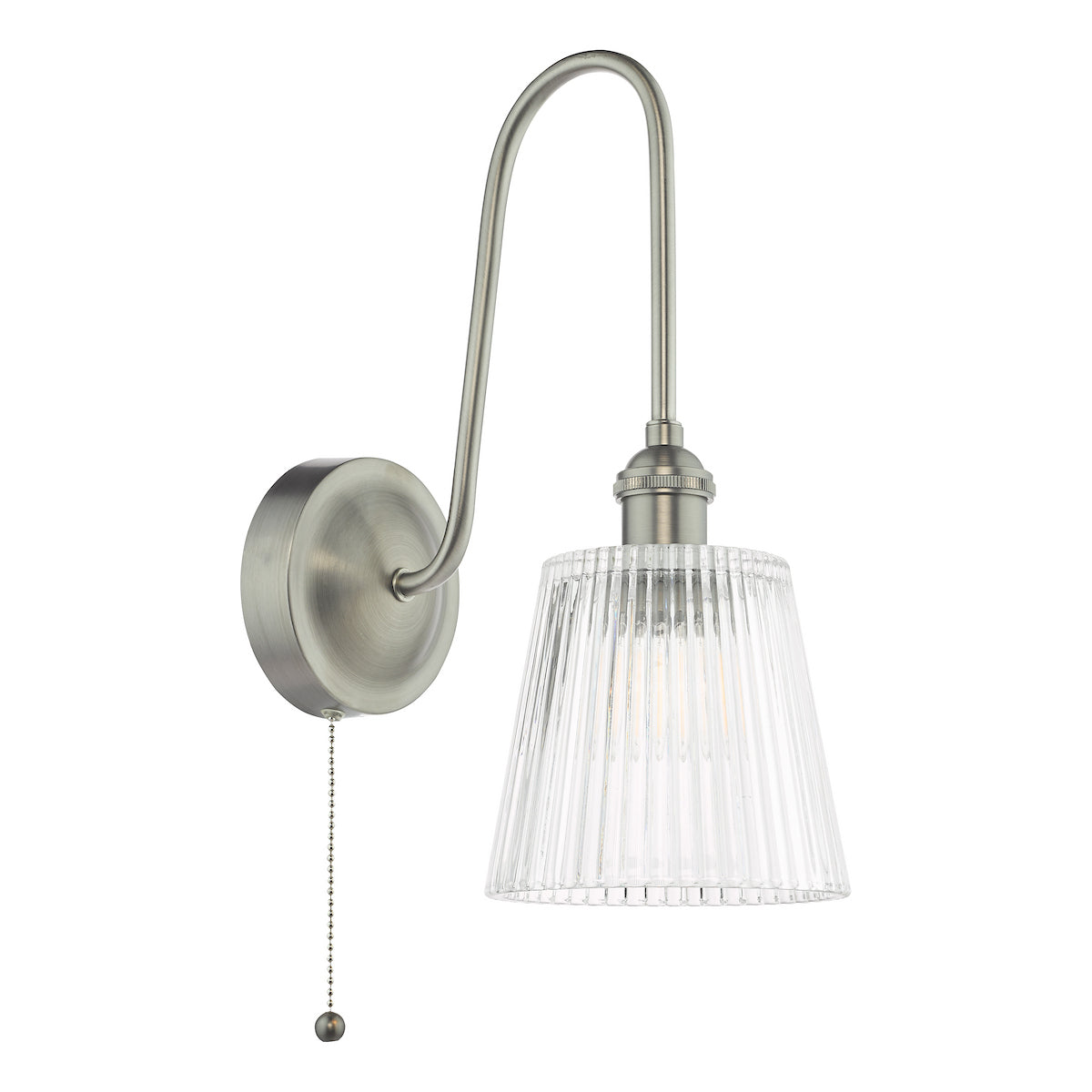 Brushed chrome wall light with a curved arm and a clear fluted glass shade, featuring a pull chain switch.