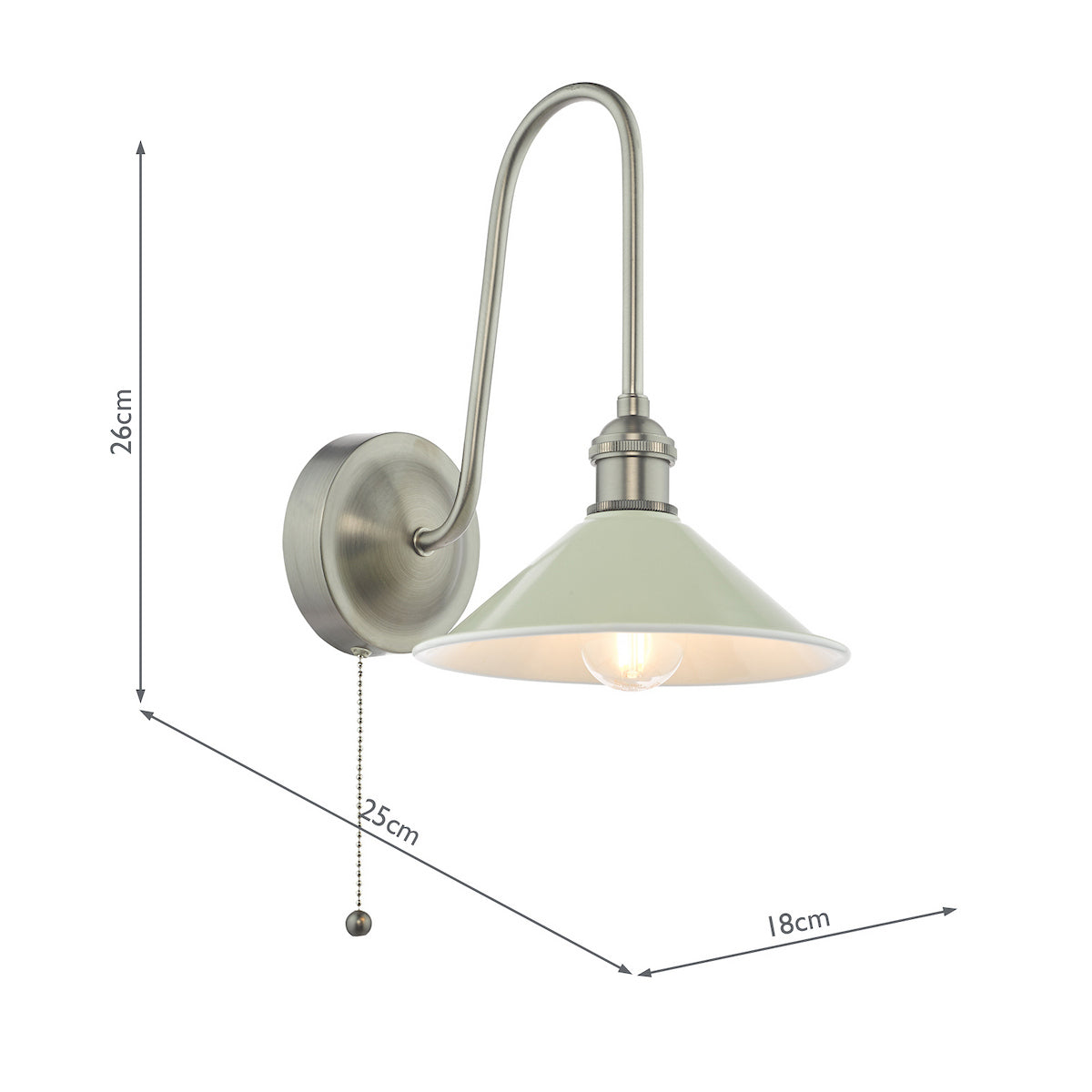 Brushed chrome wall light with a curved arm and a pale green conical shade, featuring a pull chain switch.