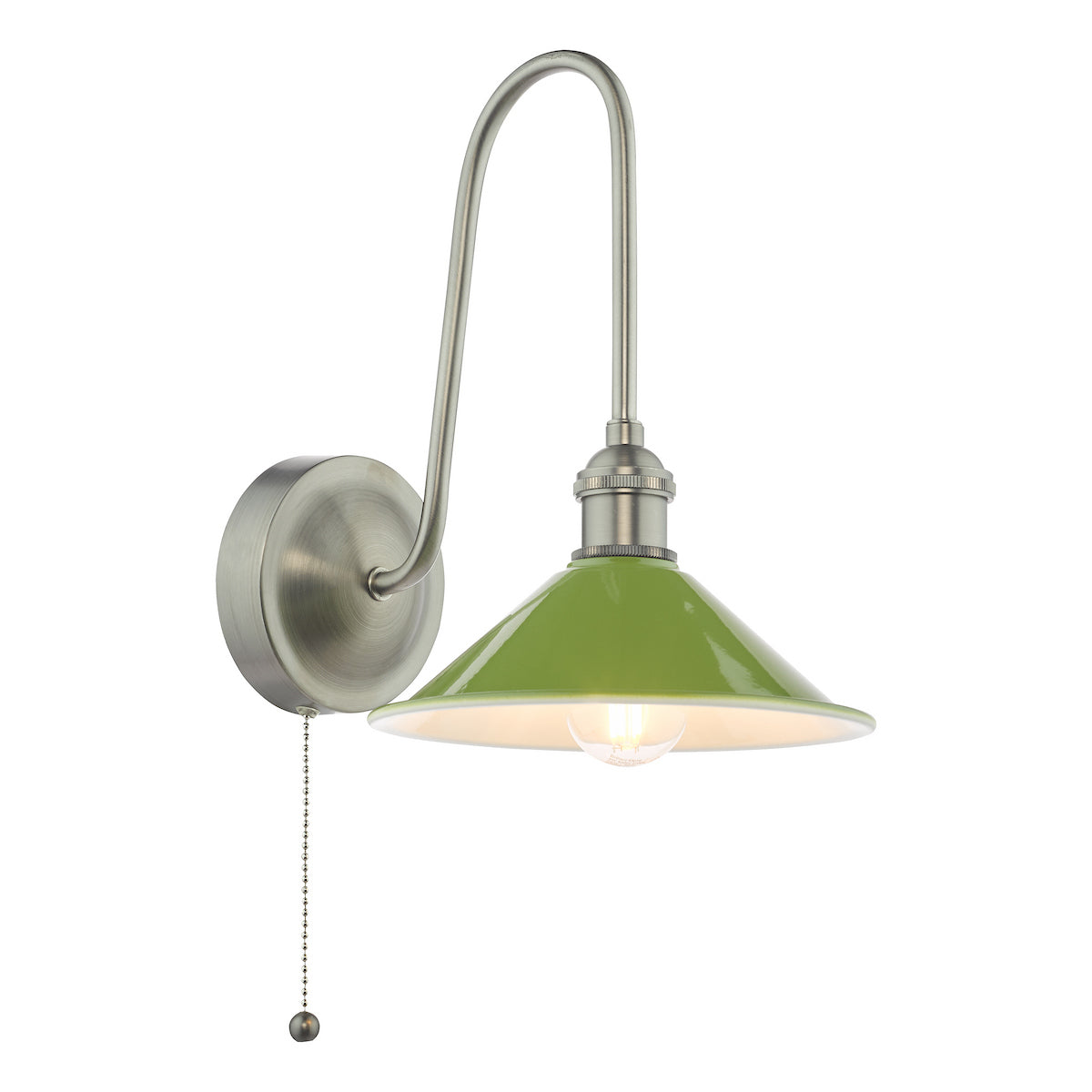 Brushed chrome wall light with a curved arm, a green conical shade, and a pull chain switch.
