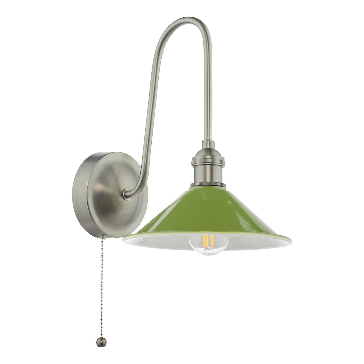 Brushed nickel wall sconce with a curved arm, a green conical shade, and a pull chain switch.