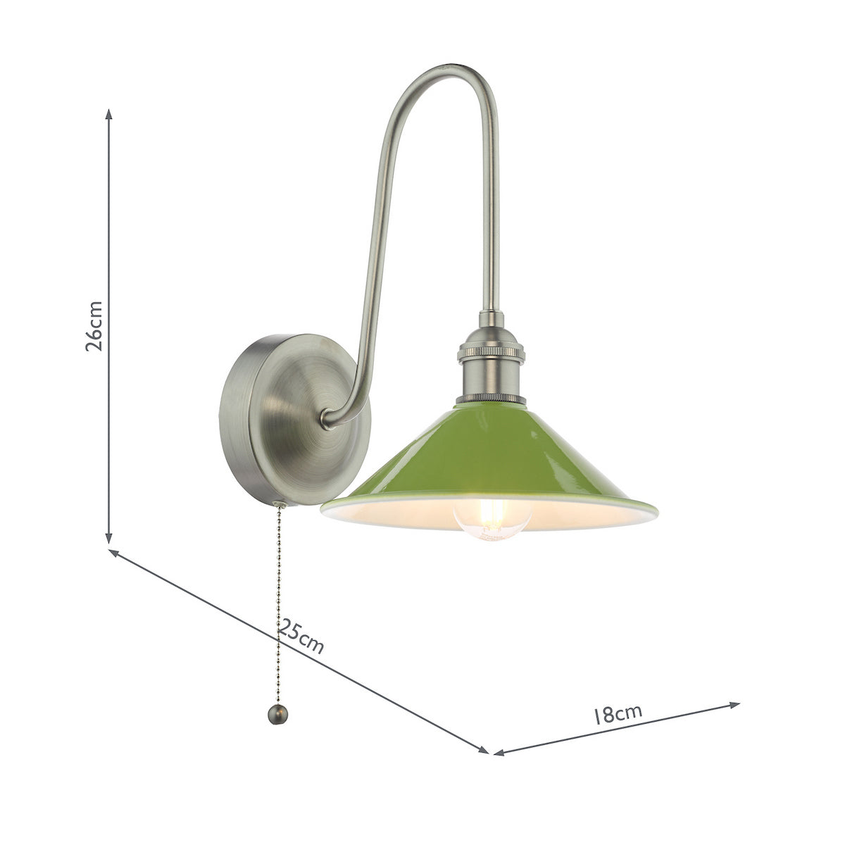Green and silver wall light with a curved arm and a pull chain switch, dimensions shown.