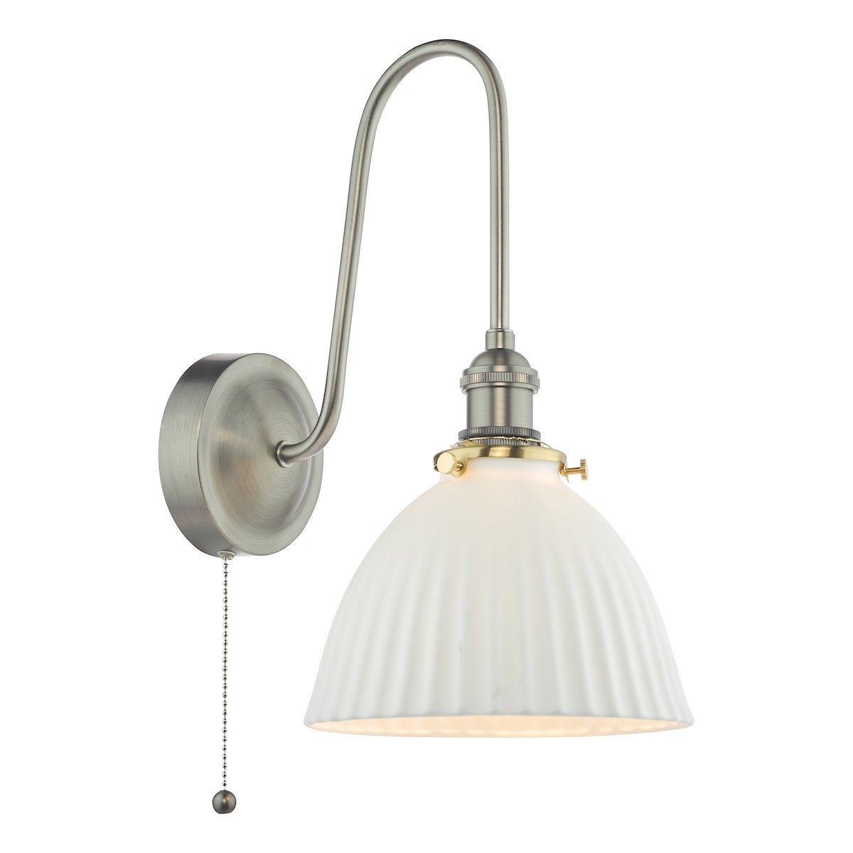 Brushed nickel wall light with a curved arm, a ribbed white glass shade, and a pull chain switch.