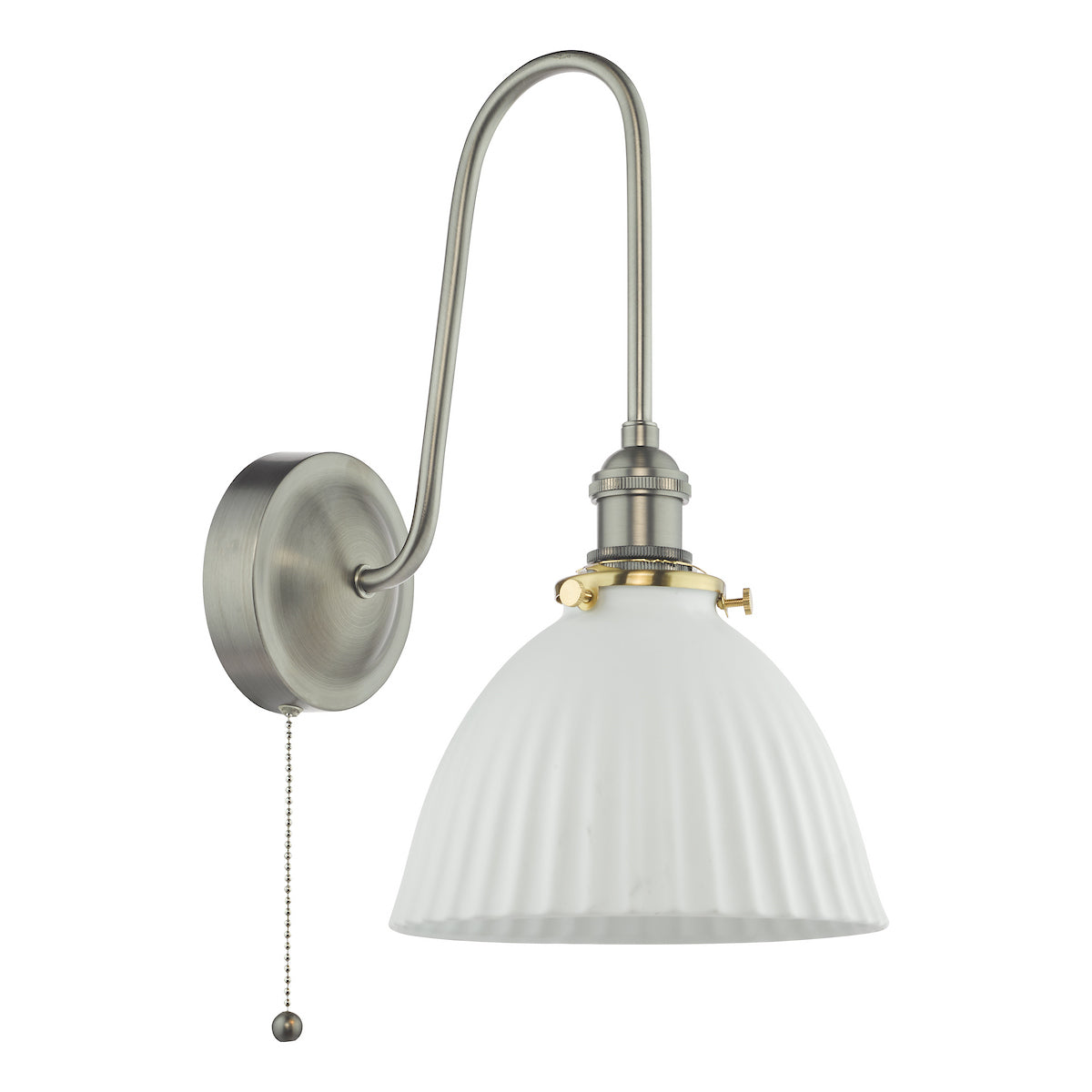 Brushed nickel wall light with a curved arm, a ribbed white glass shade, and a pull chain.
