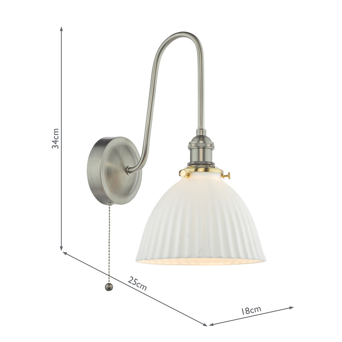 Brushed chrome wall light with a curved arm, a ribbed white ceramic shade, and a pull cord switch. Dimensions included.