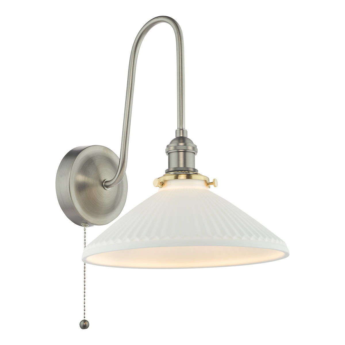 Brushed nickel wall light with a curved arm, a white fluted shade, and a pull chain switch.
